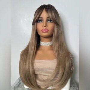 Long Ash Brown Balayage Wig with Curtain Bangs – Natural Silky Straight Hair